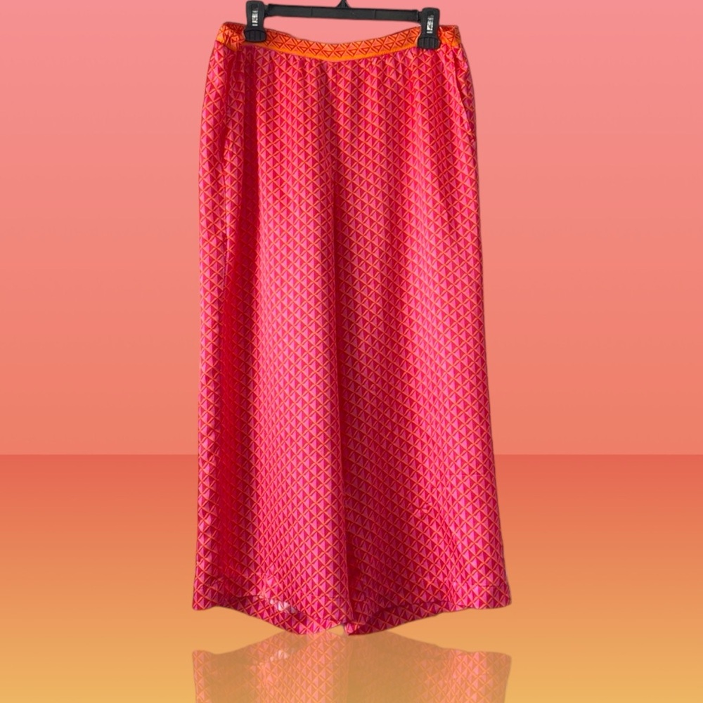 HALE BOB Silk/Viscose Wide Leg Pink/Orange Geometric Patterned Pants, Size L.